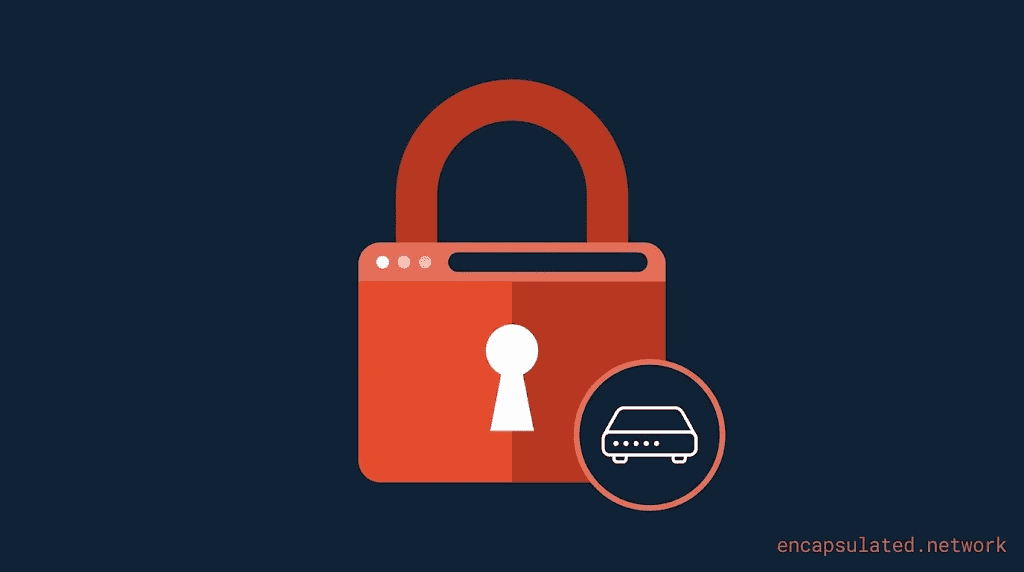 A coral padlock whose body is drawn as a browser window, with a white keyhole in the centre, and a circular badge showing a network gateway icon, on a dark navy background.