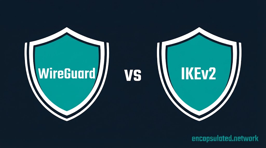 Featured image for WireGuard vs IKEv2: two identical teal shields on a dark navy background, one with “WireGuard” inside and one with “IKEv2” inside, with “vs” between them.